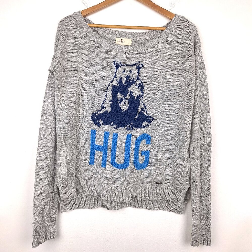 y2k Hollister Novelty Bear Hug Sweater, Size S. Gray blue. Cotton blend Shaggy